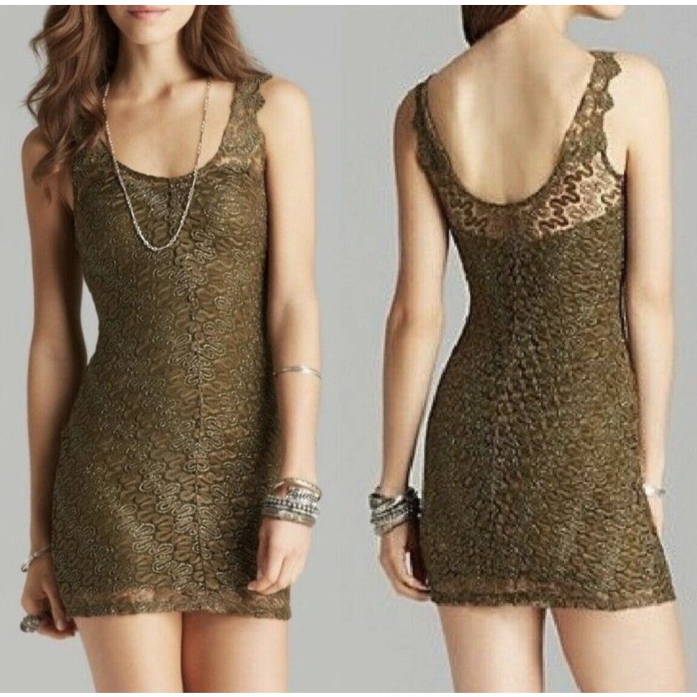 Free People Olive Green Foiled Again Mini Dress Fairycore Lace Bodycon Y2K XS S